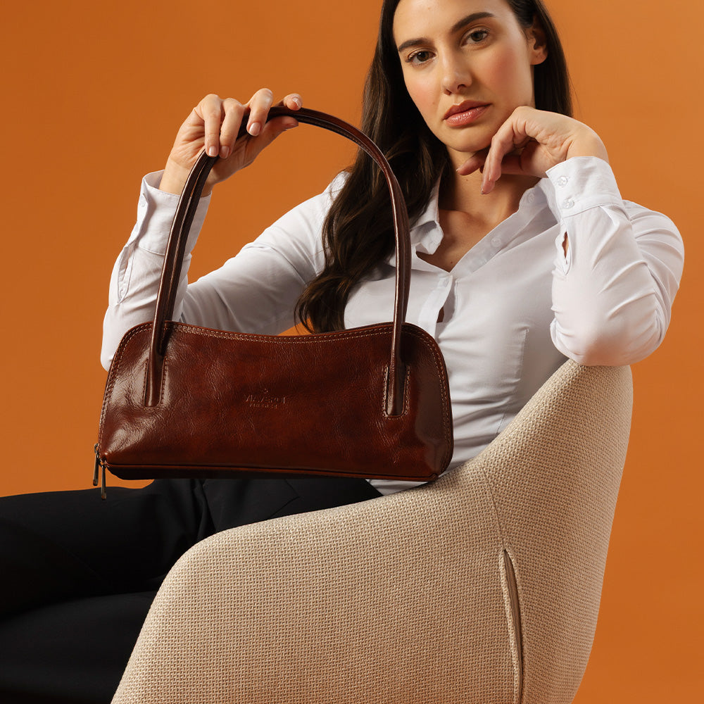 VIAVERDI Shoulder Bag in Brown Leather, Made in Italy, Firenze line.