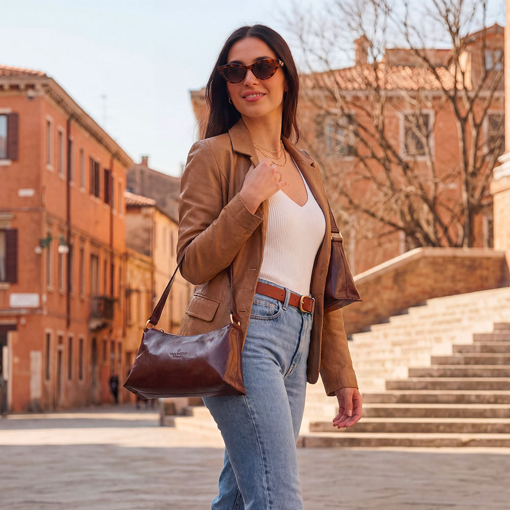 Borsa a Spalla VIAVERDI in Pelle Marrone Testa di Moro Made in Italy linea Firenze