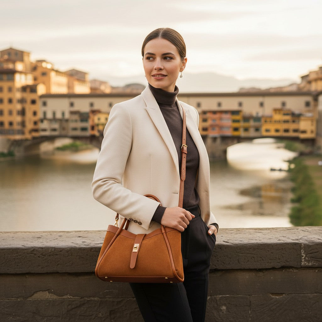 Handtasche ViaVerdi aus Wildleder und Leder in Cognac Made in Italy – Linie Cortona
