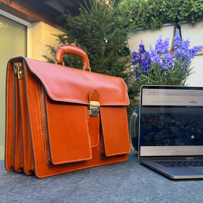 Leather Briefcase in Tan Color VIAVERDI Made in Italy - 3 Gusseted PC 15.6