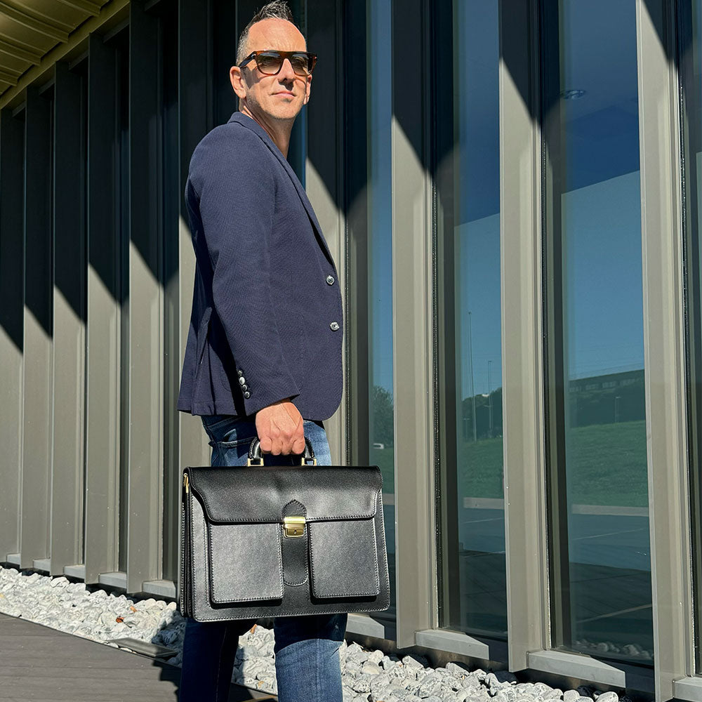 Cartella in Pelle color Cuoio VIAVERDI Made in Italy - 3 Soffietti Pc 15.6