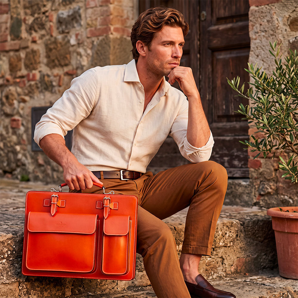 VIAVERDI Orange Leather Work Bag Made in Italy - Umbrella Holder and 15.6 Laptop