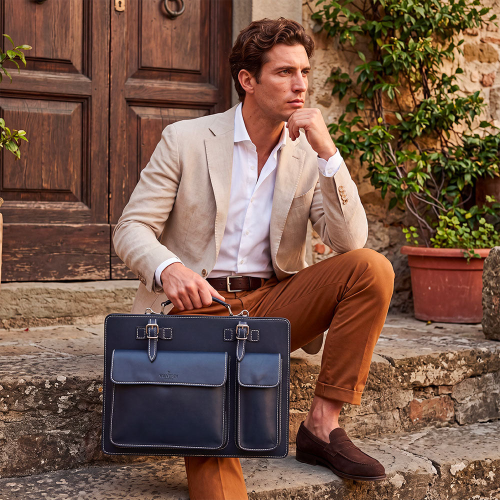 Borsa da Lavoro in Pelle Blu VIAVERDI Made in Italy - Porta Ombrelli e Pc 15.6