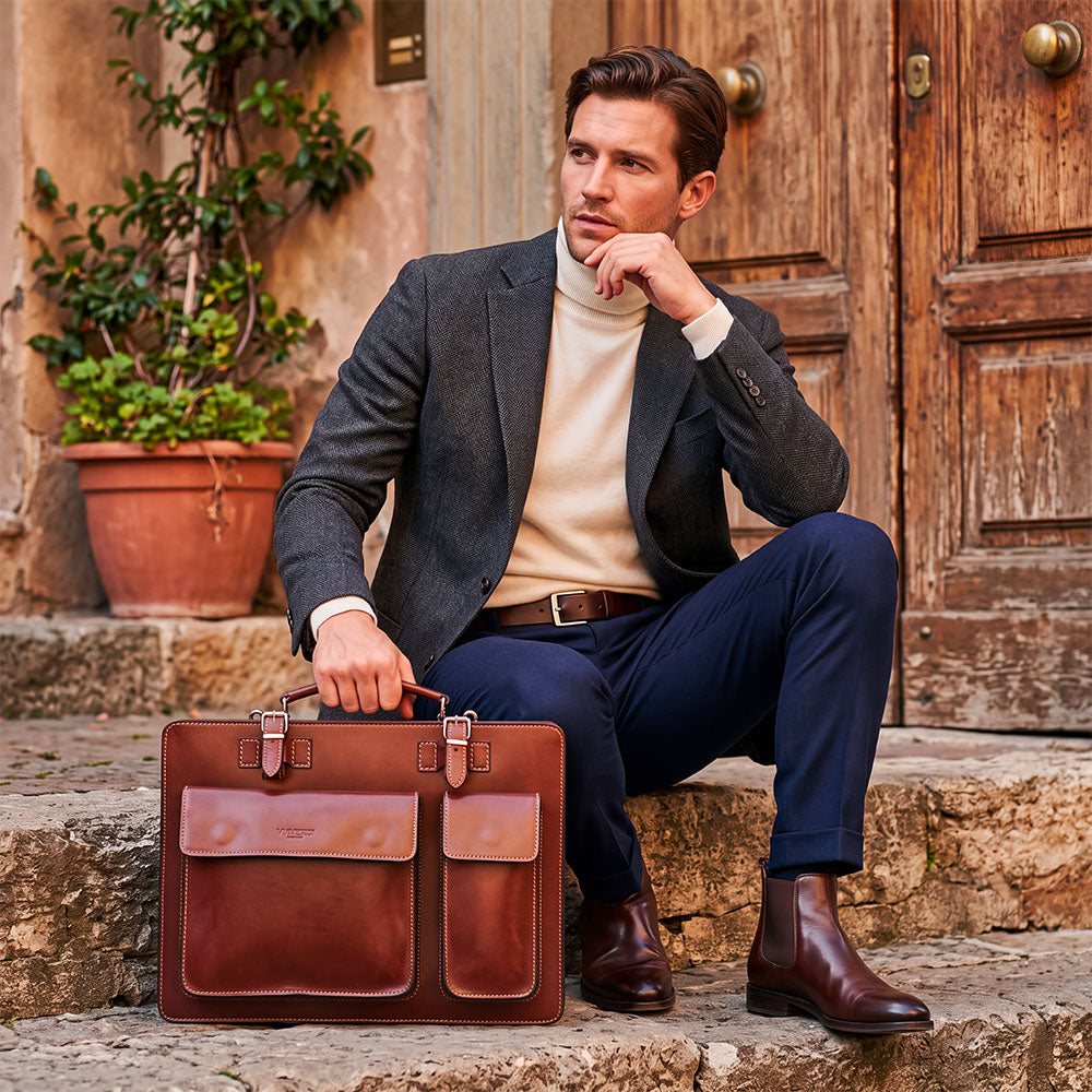 Borsa da Lavoro in Pelle Marrone VIAVERDI Made in Italy - Porta Ombrelli e Pc 15.6