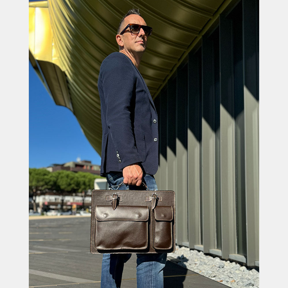 Arbeitstasche aus dunkelbraunem Leder VIAVERDI Made in Italy – Schirmhalter und 15,6 PC