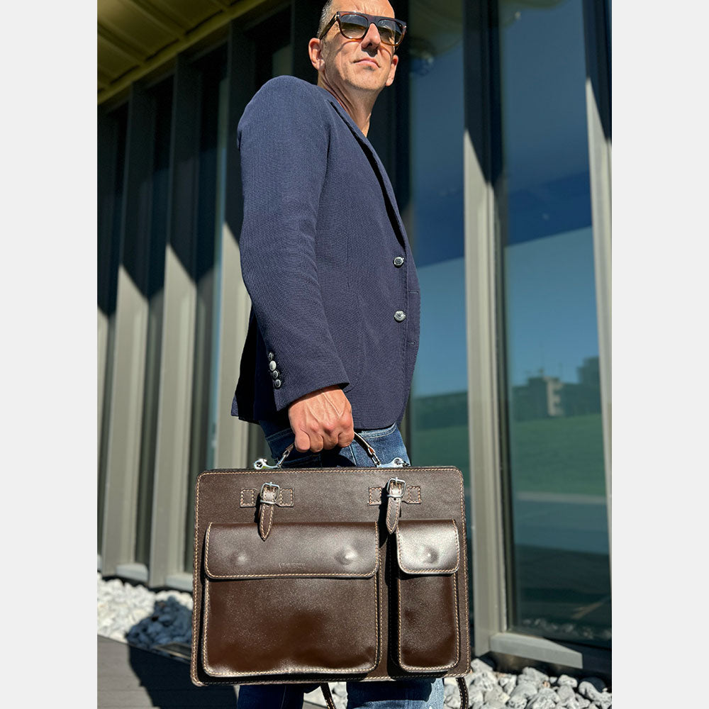 Borsa da Lavoro in Pelle Marrone VIAVERDI Made in Italy - Porta Ombrelli e Pc 15.6