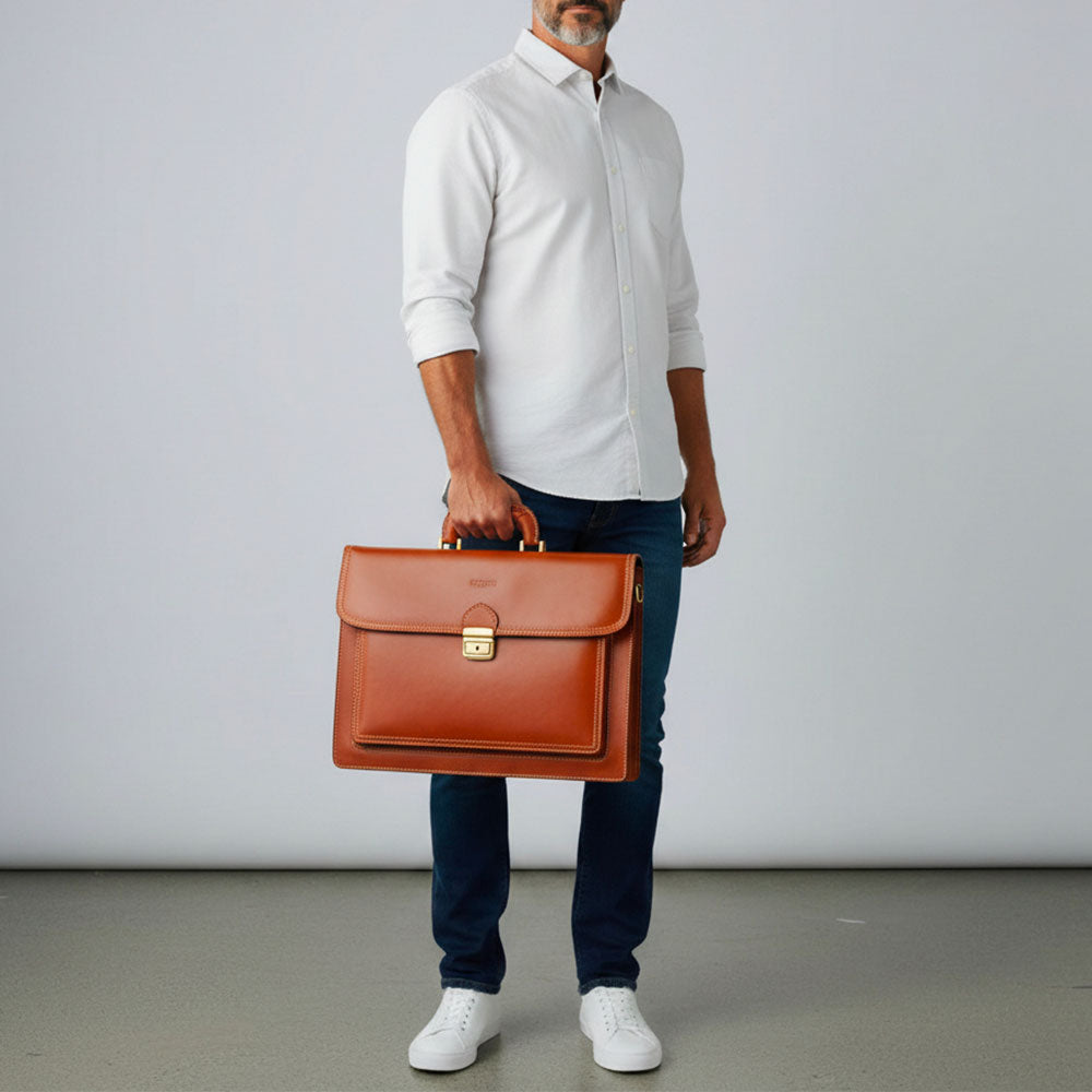 Cartella in Pelle Color Cuoio VIAVERDI Made in Italy - 3 Soffietti Pc 15.6