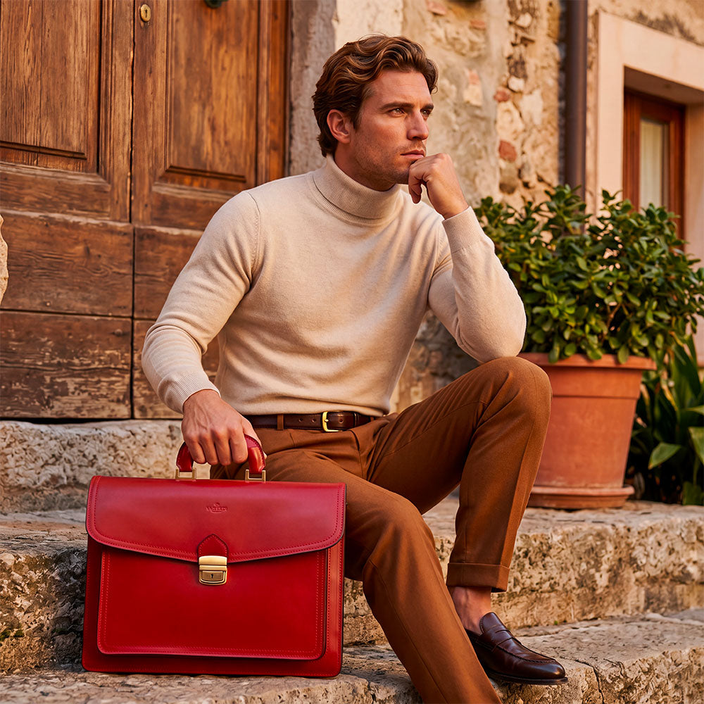 Cartella in Pelle Rossa VIAVERDI Made in Italy - 3 Soffietti Pc 15.6