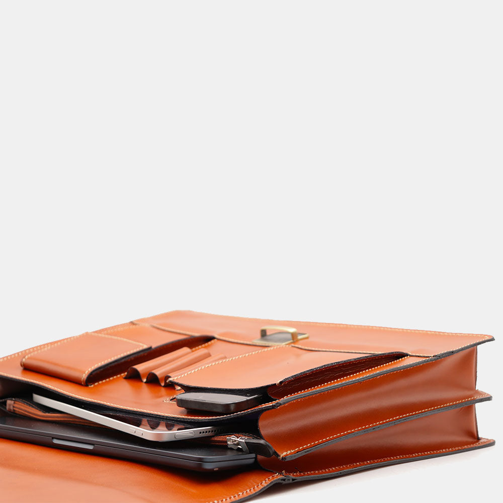 VIAVERDI Tan Leather Briefcase Made in Italy - 2 Gussets for 15.6" Laptops