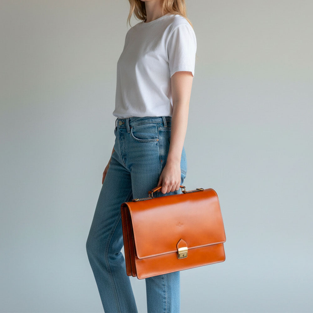 VIAVERDI Tan Leather Briefcase Made in Italy - 2 Gussets for 15.6" Laptops