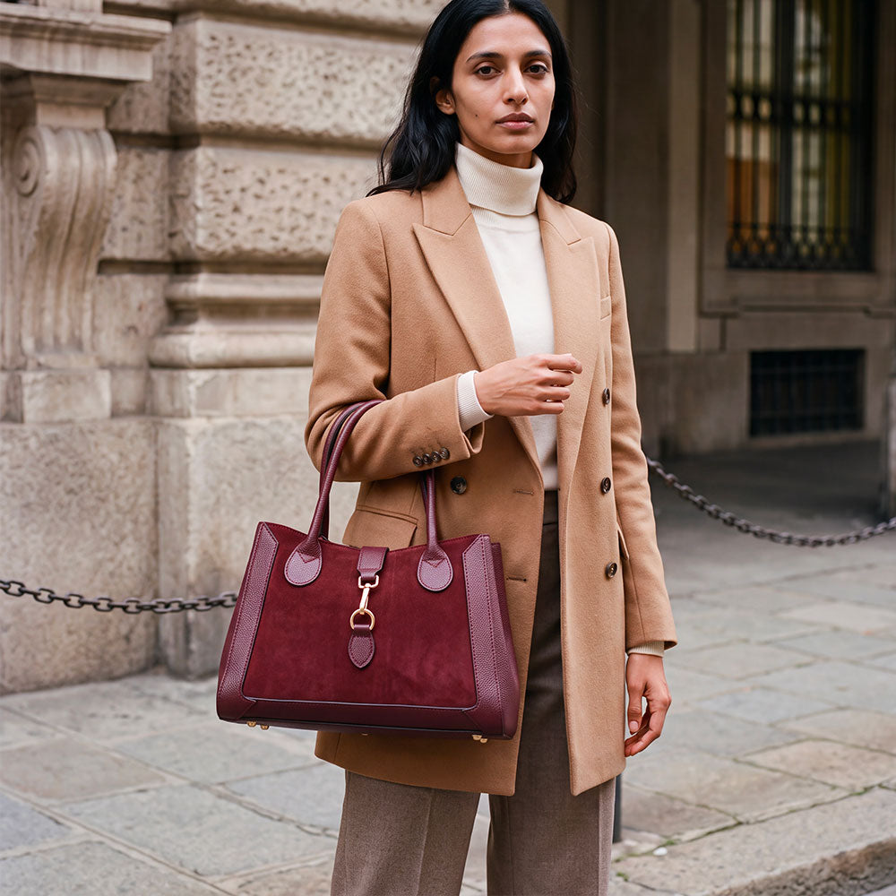 Borsa a Spalla VIAVERDI in Pelle e Camoscio Bordeaux Made in Italy linea Certaldo
