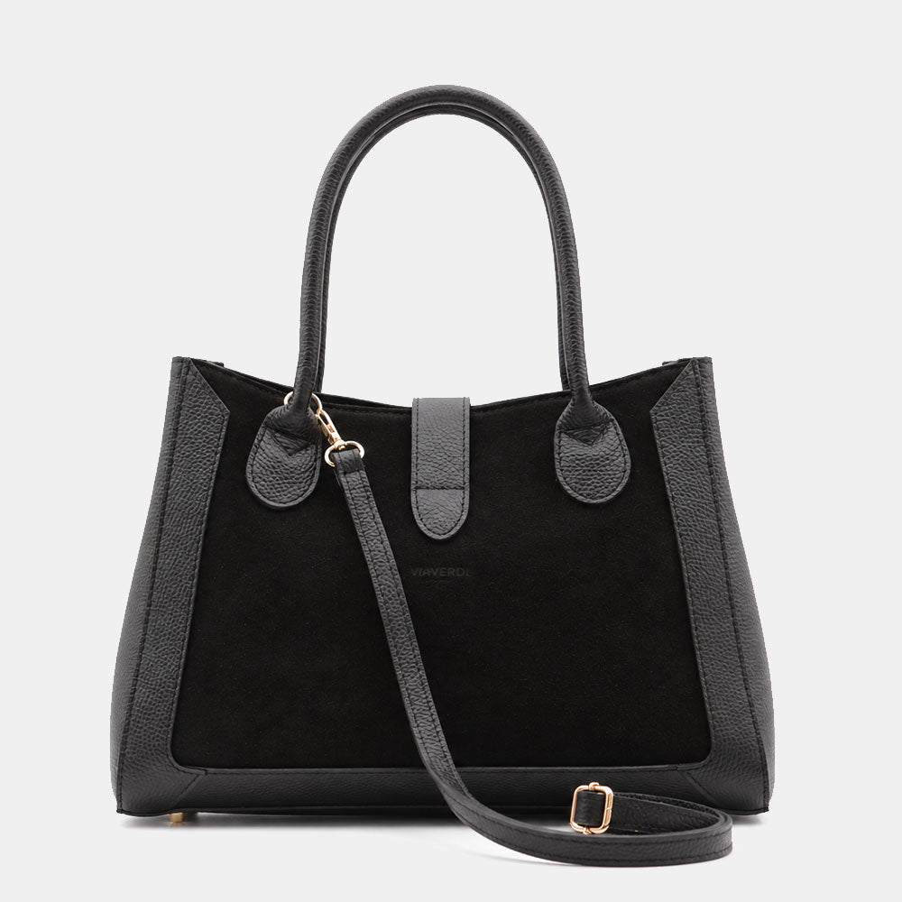 Borsa a Spalla VIAVERDI in Pelle e Camoscio Nera Made in Italy linea Certaldo