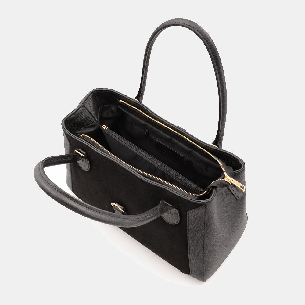 Borsa a Spalla VIAVERDI in Pelle e Camoscio Nera Made in Italy linea Certaldo