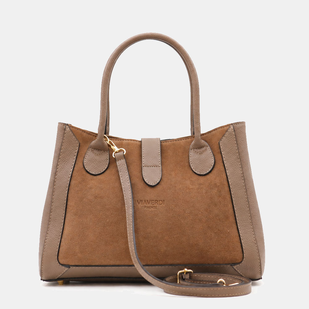 Borsa a Spalla VIAVERDI in Pelle e Camoscio Taupe Made in Italy linea Certaldo