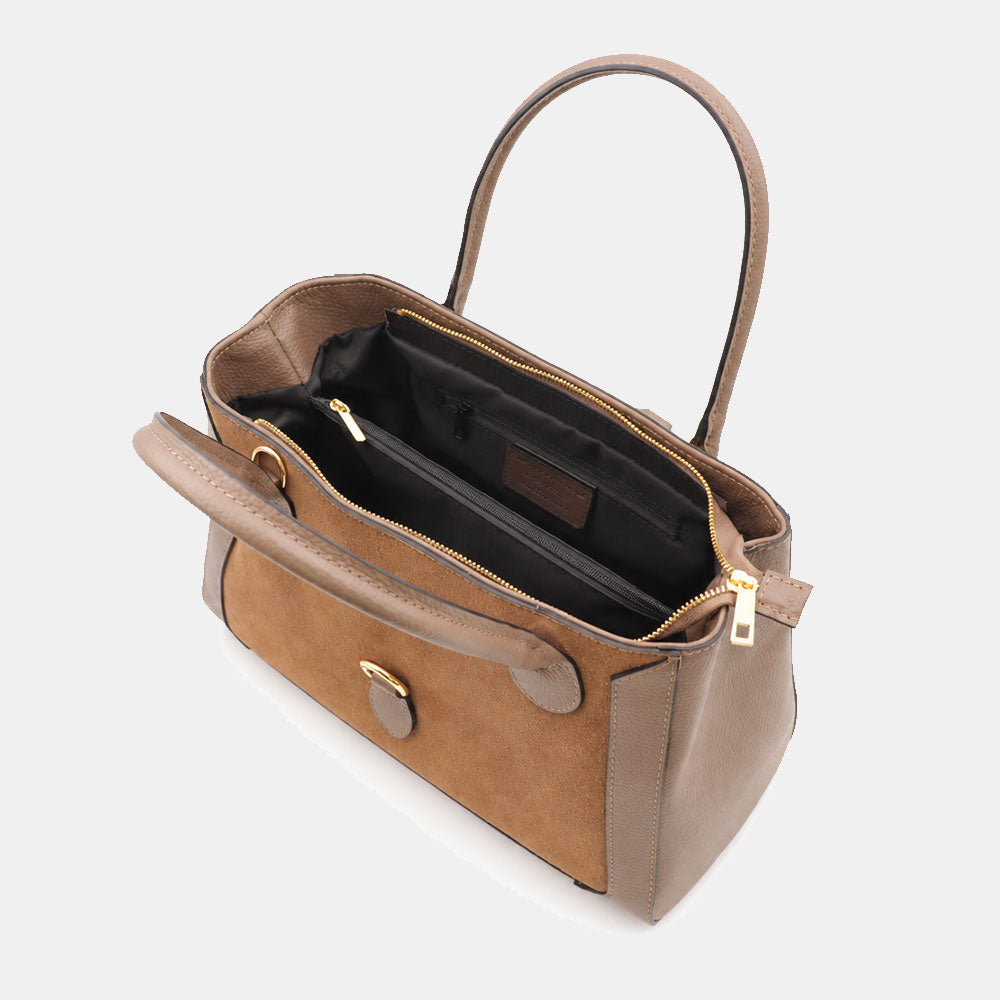 Borsa a Spalla VIAVERDI in Pelle e Camoscio Taupe Made in Italy linea Certaldo