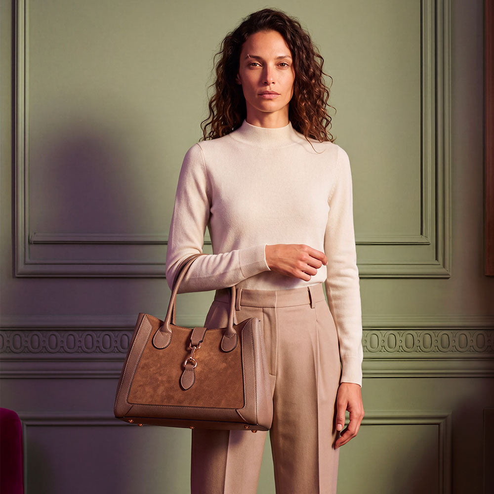 Borsa a Spalla VIAVERDI in Pelle e Camoscio Taupe Made in Italy linea Certaldo