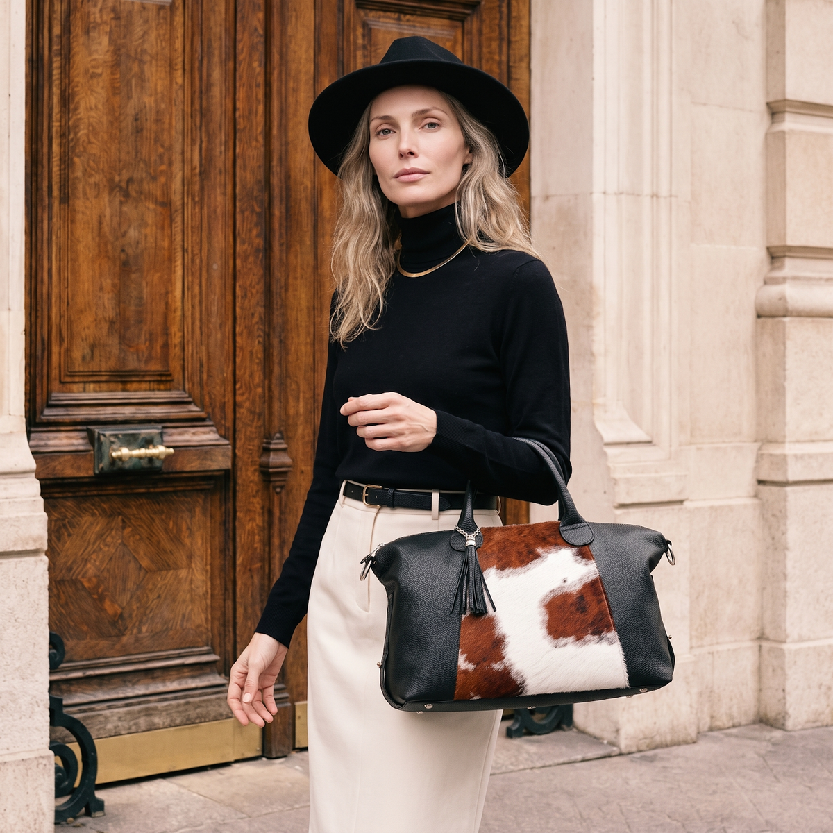 Borsa Donna a Mano VIAVERDI in Cavallino e Pelle Nera Made in Italy linea Cortona