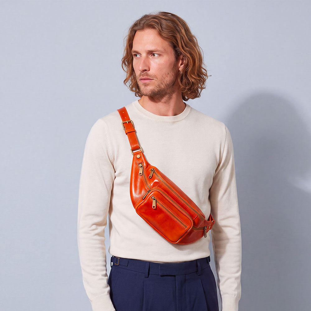 Leather Waist Bag in Tan Color, VIAVERDI, Made in Italy, Firenze Line.