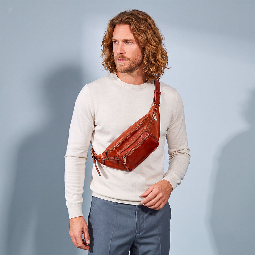 Brown Leather Fanny Pack by VIAVERDI, Made in Italy, Firenze line.