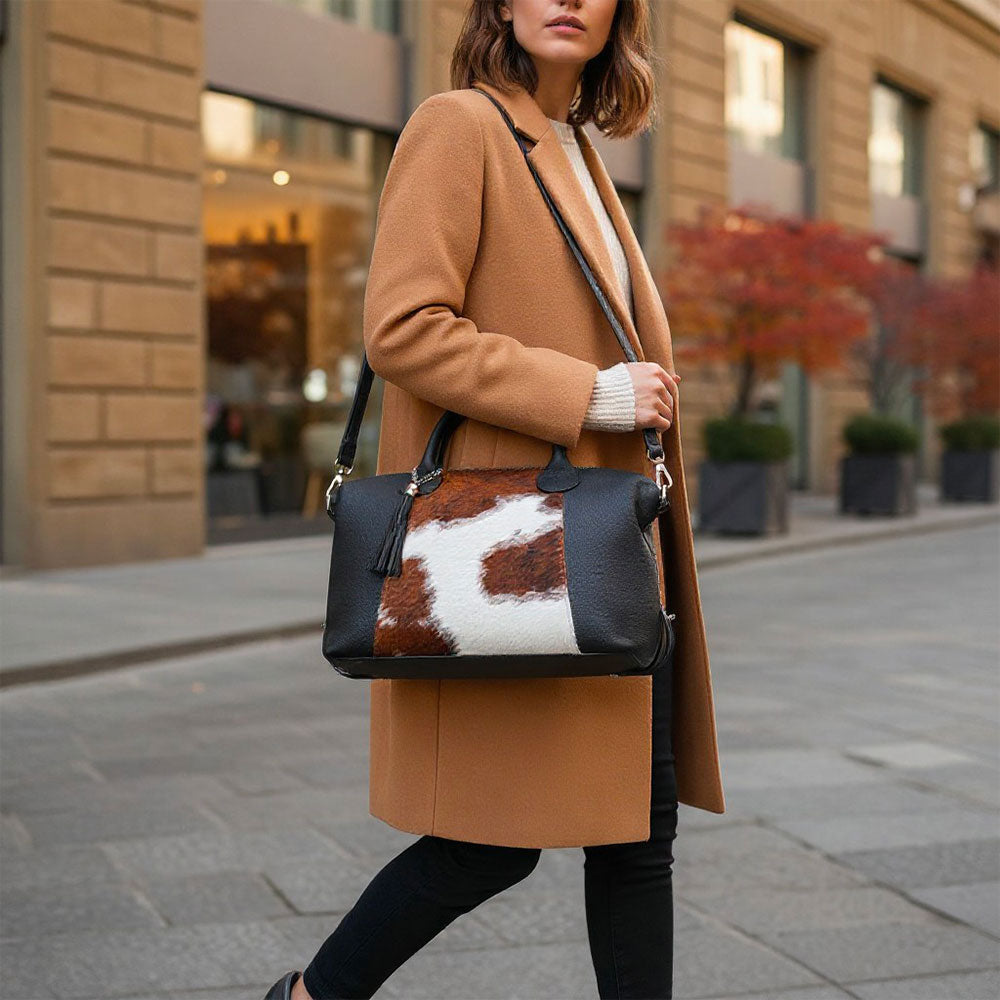 Handbag ViaVerdi in Pony Hair and Black Leather, Made in Italy – Line Cortona
