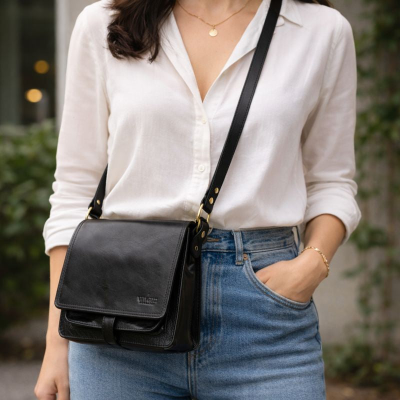 VIAVERDI Black Leather Shoulder Bag Made in Italy Florence Line