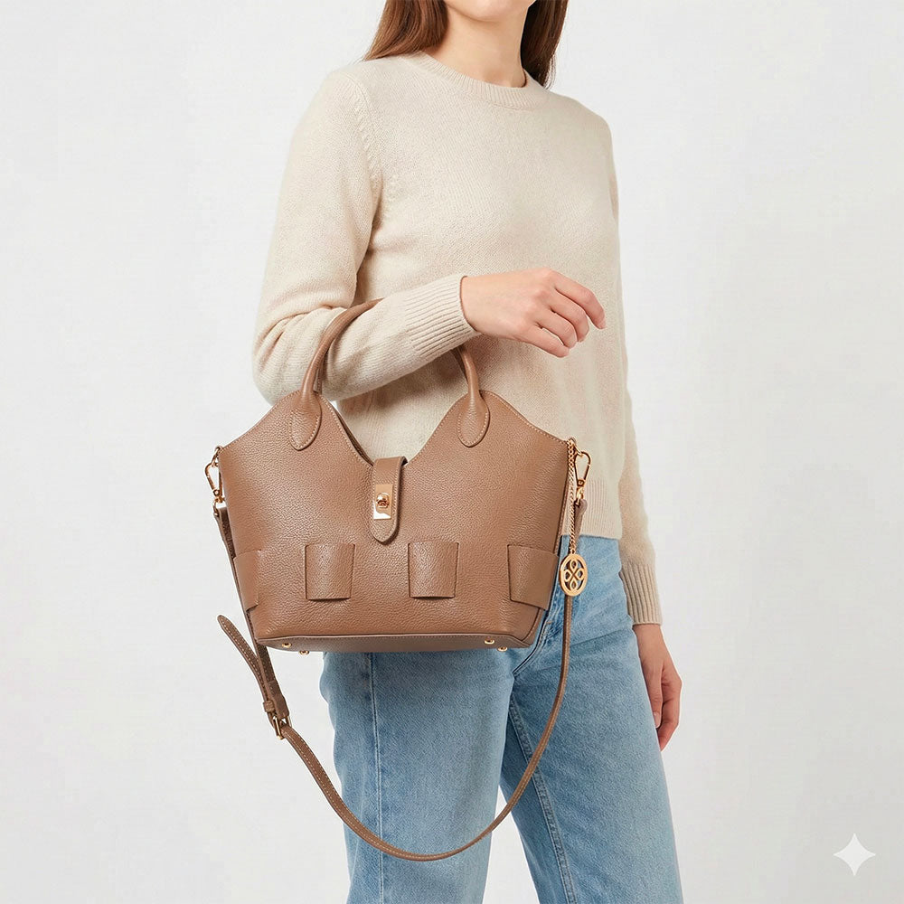 VIAVERDI Women's Handbag with Shoulder Strap in Taupe Leather Made in Italy Artimino line