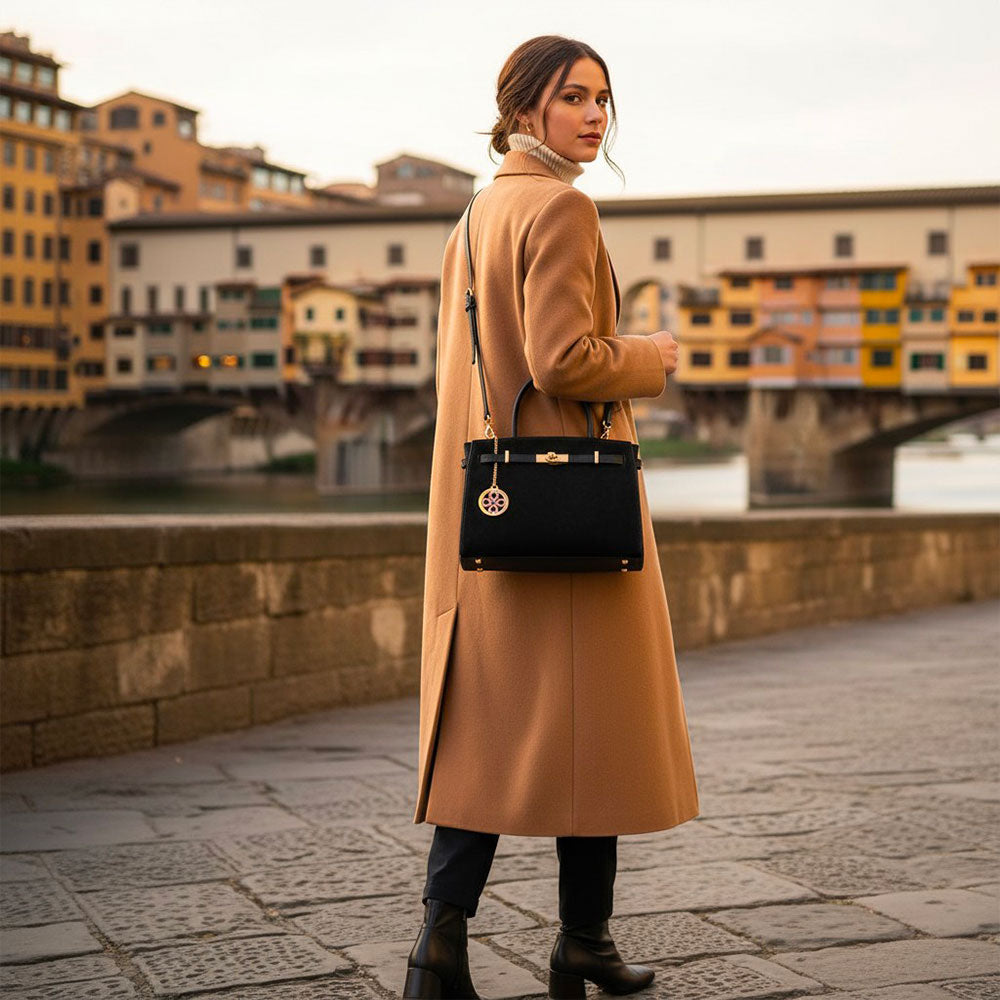 Borsa a Mano VIAVERDI in Camoscio e Pelle Nera Made in Italy linea Artimino