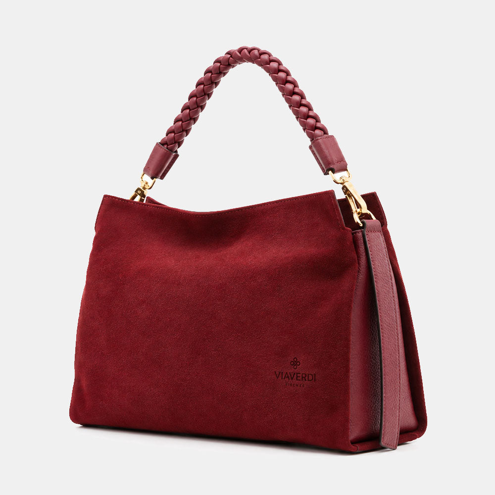 Borsa a Spalla in Camoscio e Pelle Bordeaux VIAVERDI Made in Italy linea Monteriggioni