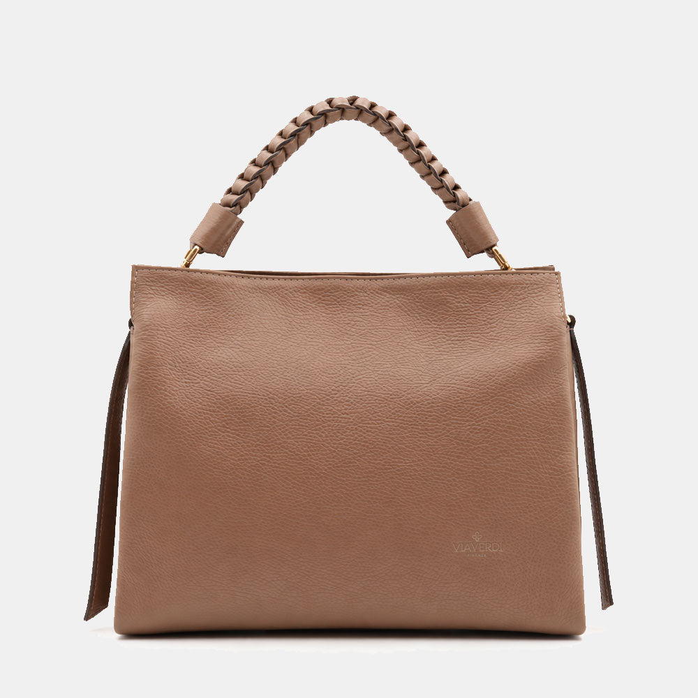Borsa a Spalla in Pelle Taupe VIAVERDI Made in Italy linea Monteriggioni