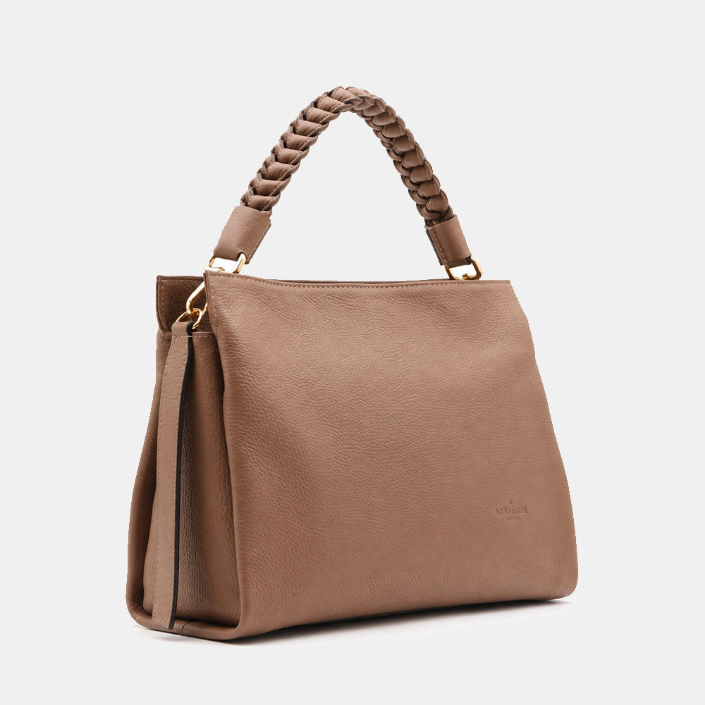 Borsa a Spalla in Pelle Taupe VIAVERDI Made in Italy linea Monteriggioni