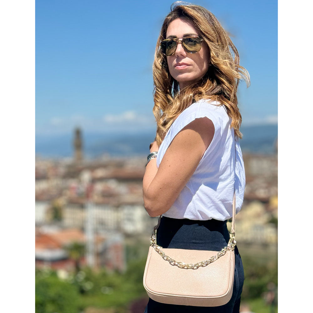 Borsa a Spalla in Pelle Beige con Tracolla VIAVERDI Made in Italy