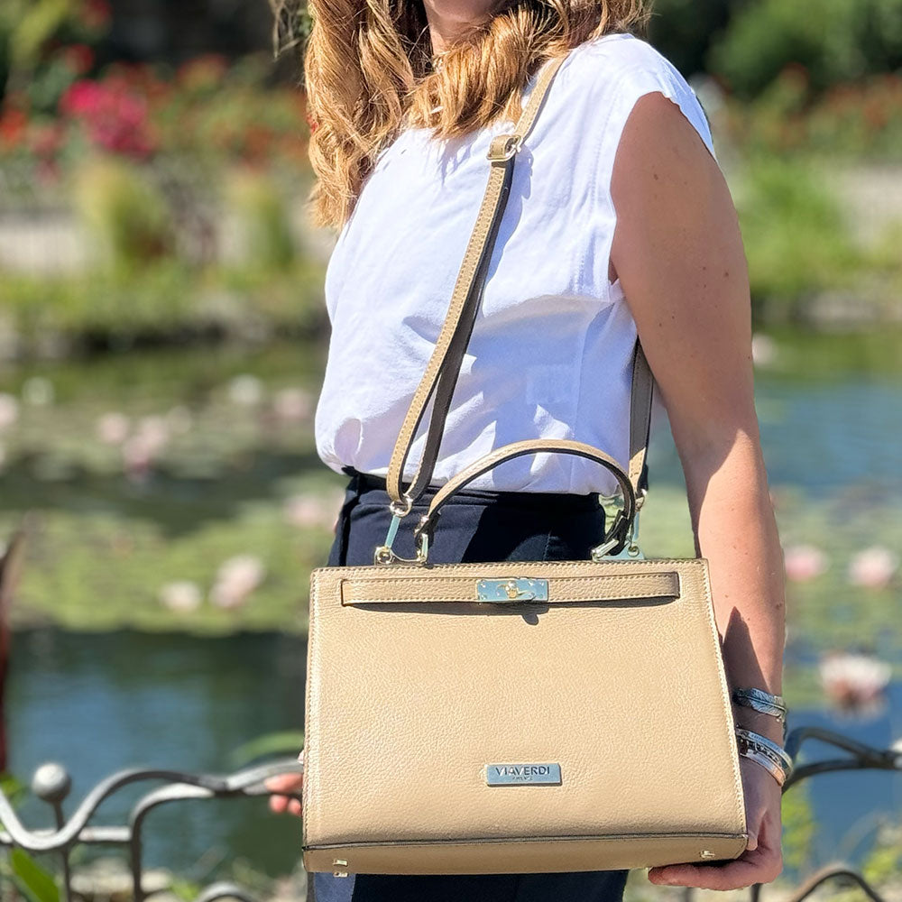 Borsa a Mano in Pelle Marrone con Tracolla VIAVERDI Made in Italy