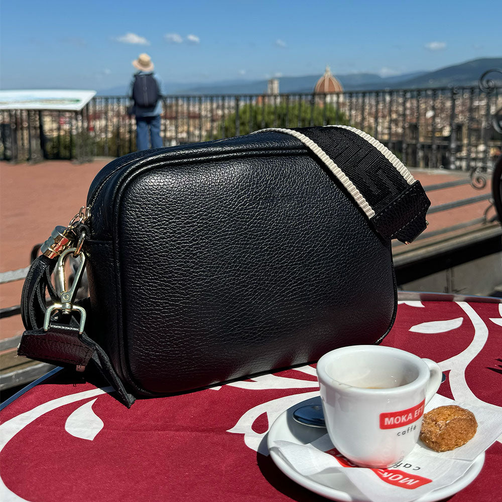 Borsa Camera Bag Media in Pelle Nera con Tracolla VIAVERDI Made in Italy