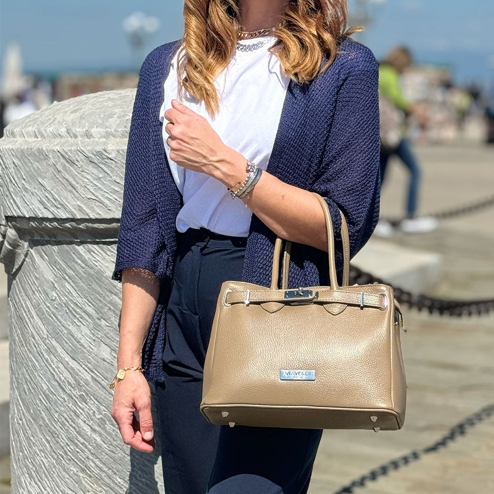 Borsa Donna a Mano con Tracolla VIAVERDI in Pelle Nera Made in Italy