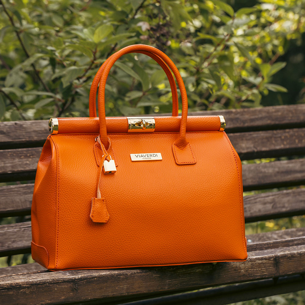 Borsa a Mano con Tracolla VIAVERDI in Pelle Arancione Made in Italy Linea Barga