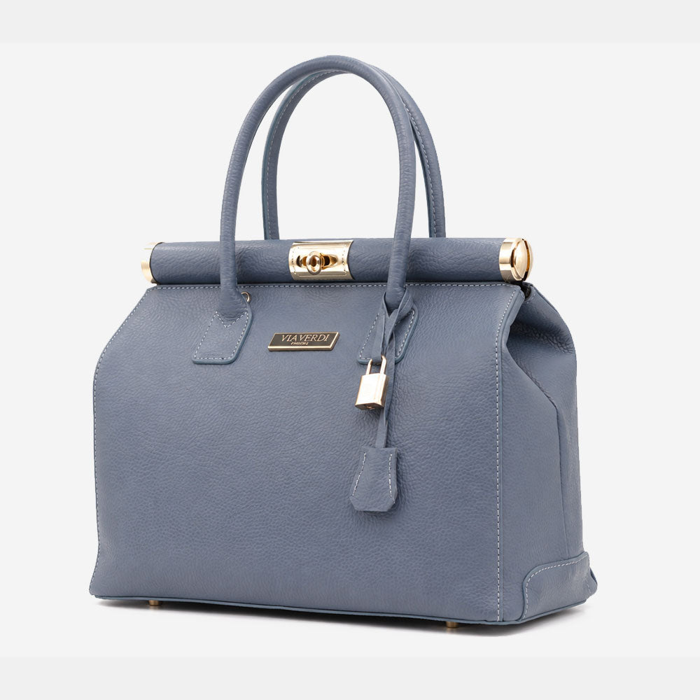 Bolso de mano de piel azul grisáceo con bandolera ViaVerdi, Made in Italy – línea Barga