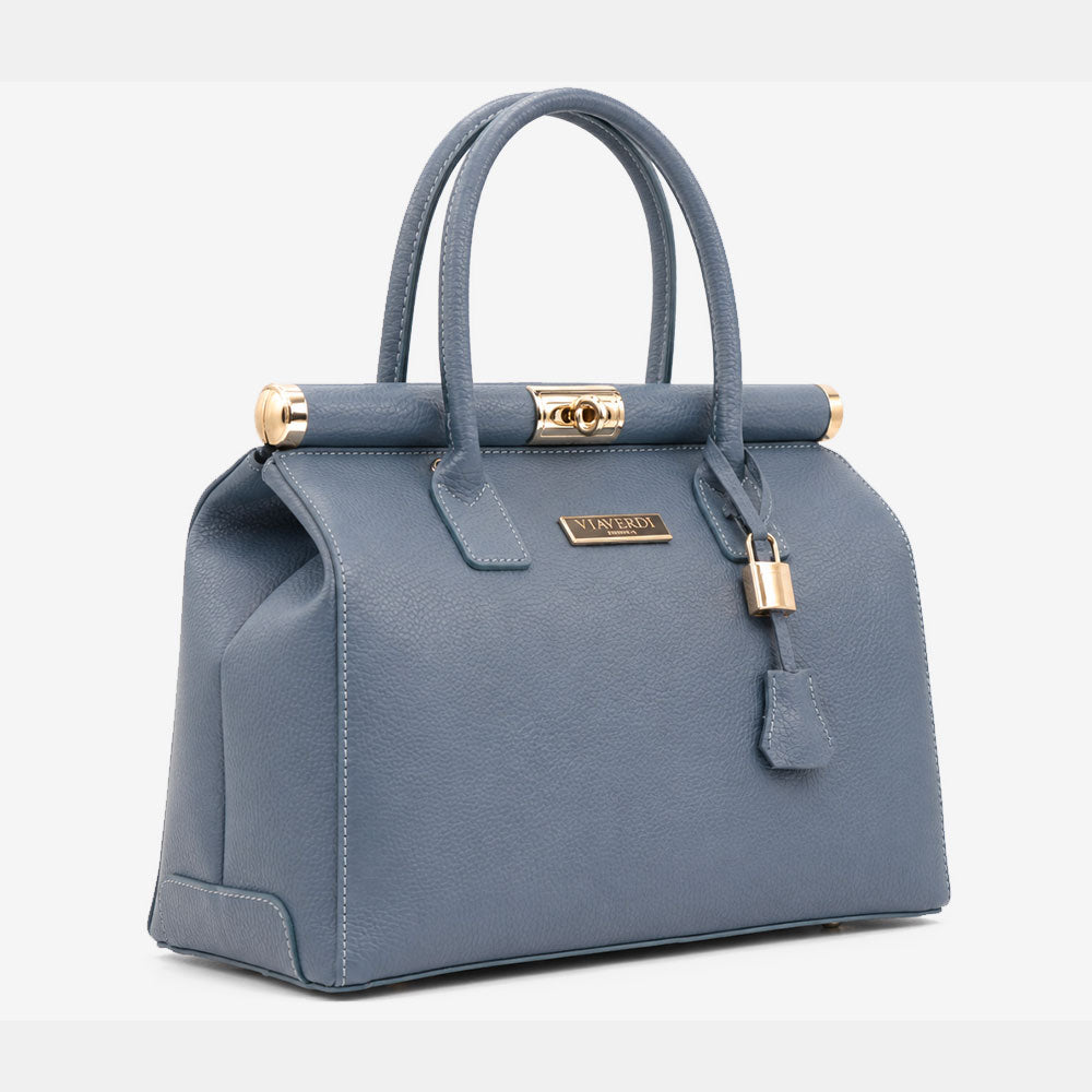 Bolso de mano de piel azul grisáceo con bandolera ViaVerdi, Made in Italy – línea Barga