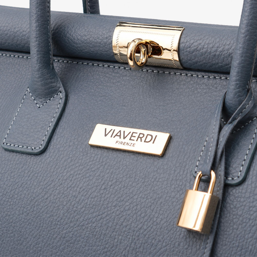 Bolso de mano de piel azul grisáceo con bandolera ViaVerdi, Made in Italy – línea Barga