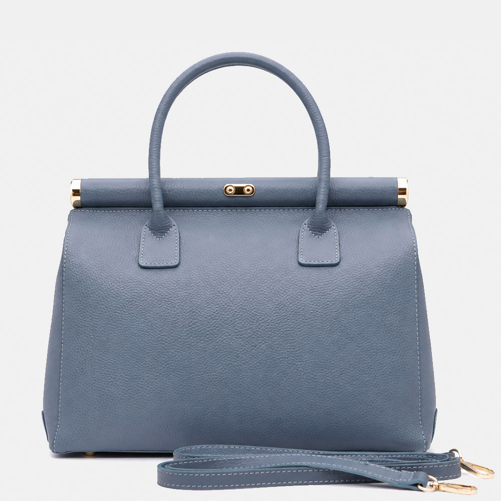 Bolso de mano de piel azul grisáceo con bandolera ViaVerdi, Made in Italy – línea Barga