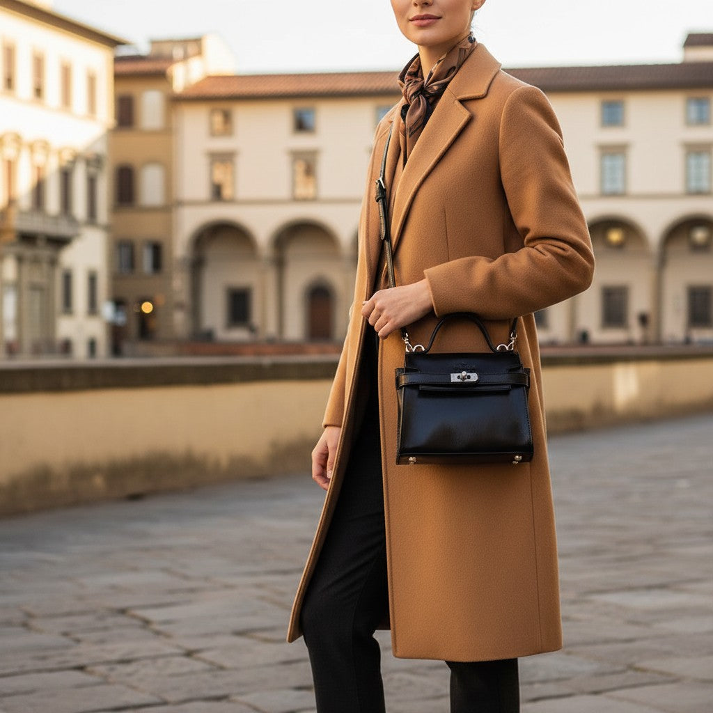 VIAVERDI Black Leather Bag, Made in Italy, Florence line.