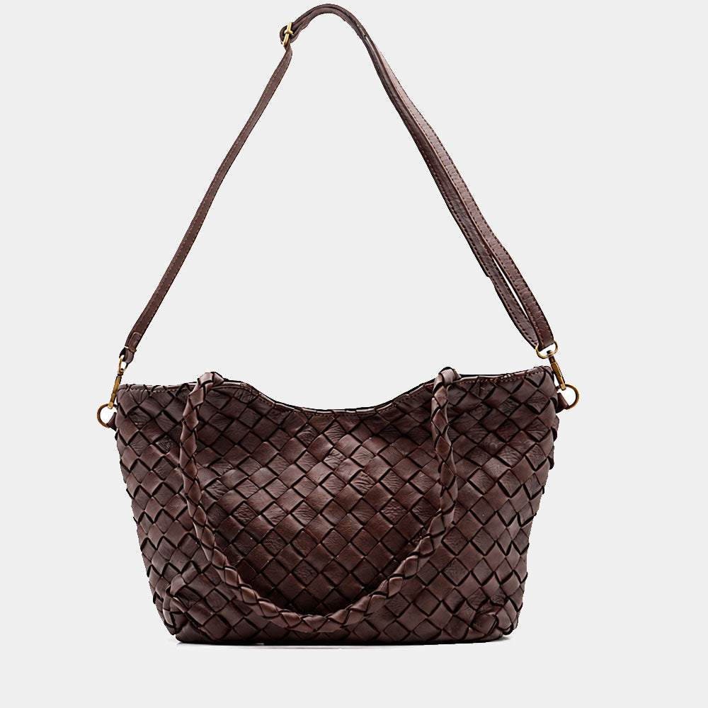 Borsa a Spalla VIAVERDI in Pelle Intrecciata Marrone Scuro Made in Italy linea Tuscany