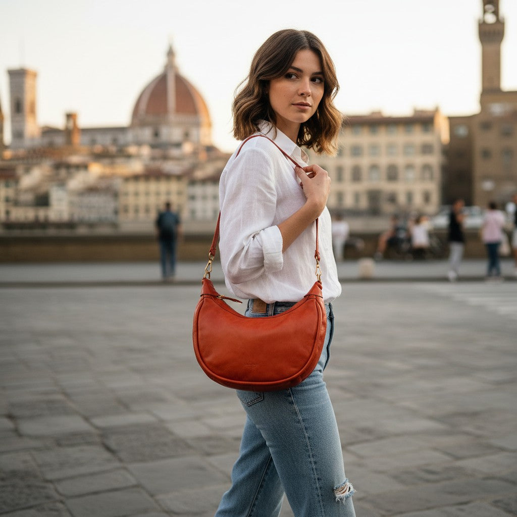 Borsa a Spalla VIAVERDI in Pelle color Cuoio Made in Italy linea Tuscany