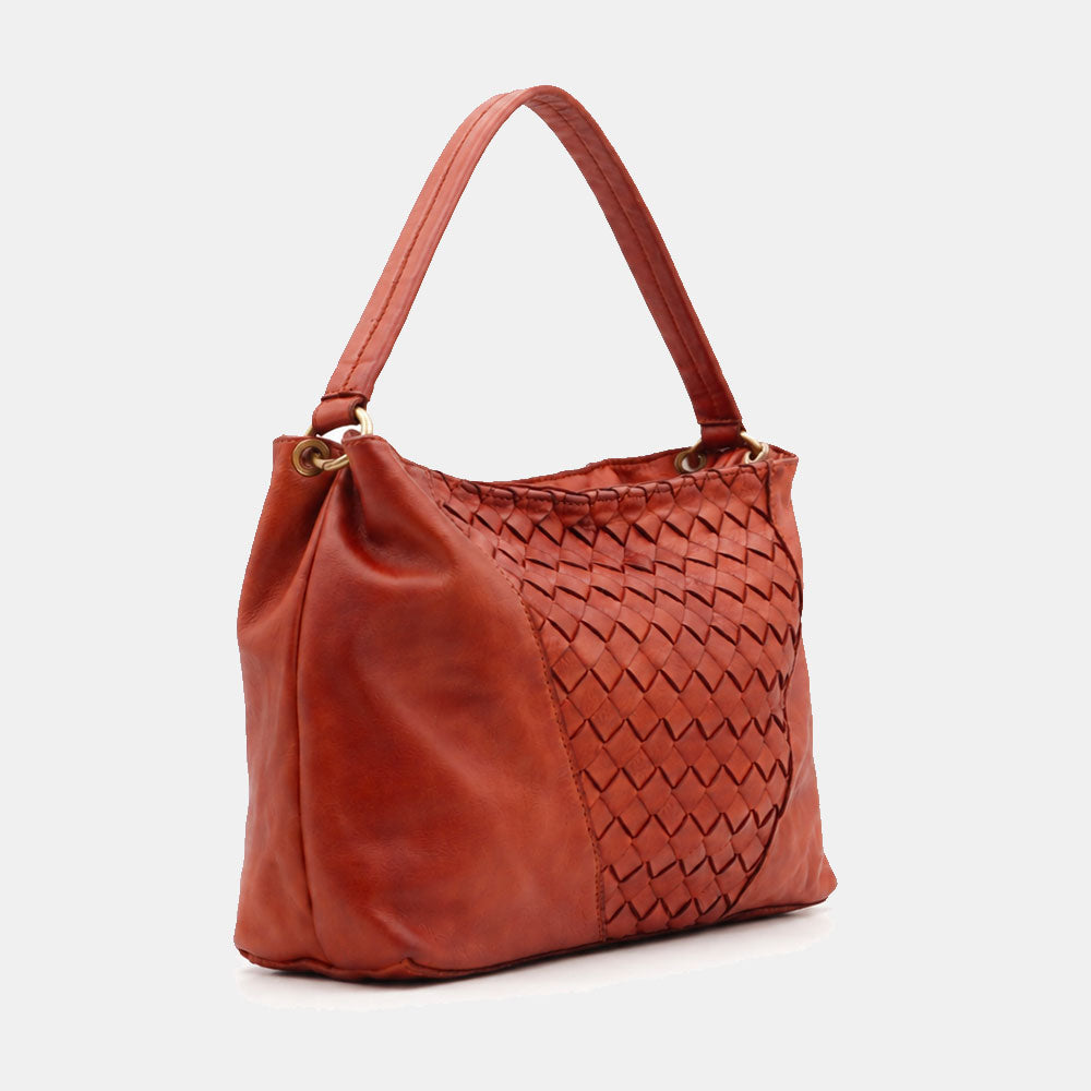 Borsa a Spalla VIAVERDI in Pelle color Cuoio con Intreccio Made in Italy linea Tuscany