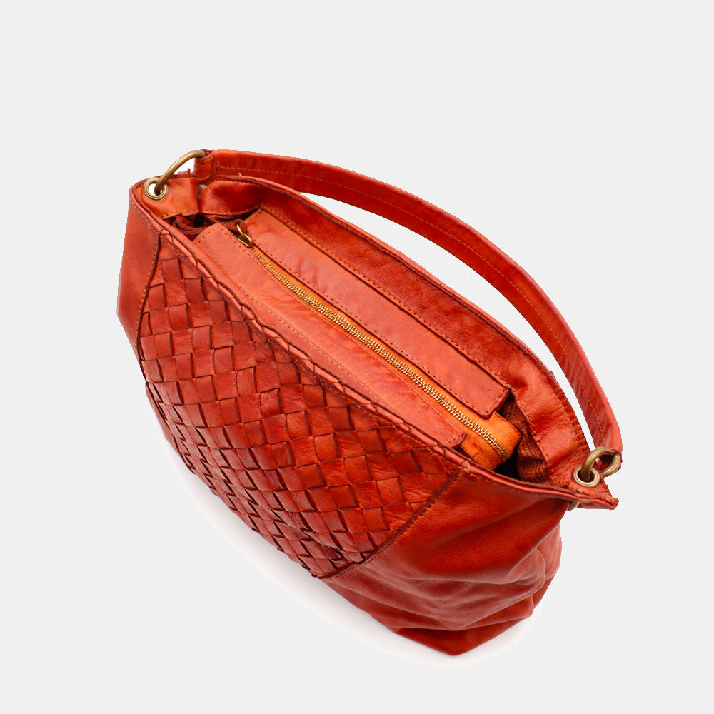 Borsa a Spalla VIAVERDI in Pelle color Cuoio con Intreccio Made in Italy linea Tuscany