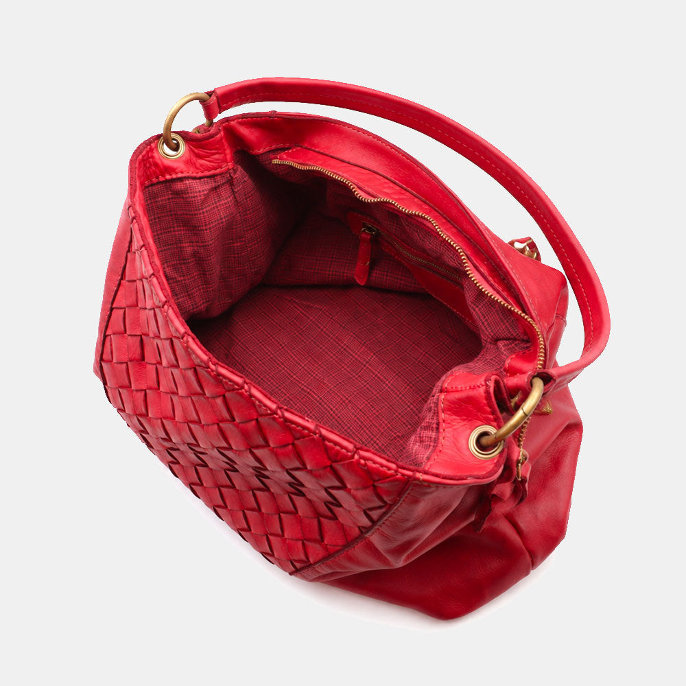 Borsa a Spalla VIAVERDI in Pelle Rossa con Intreccio Made in Italy linea Tuscany