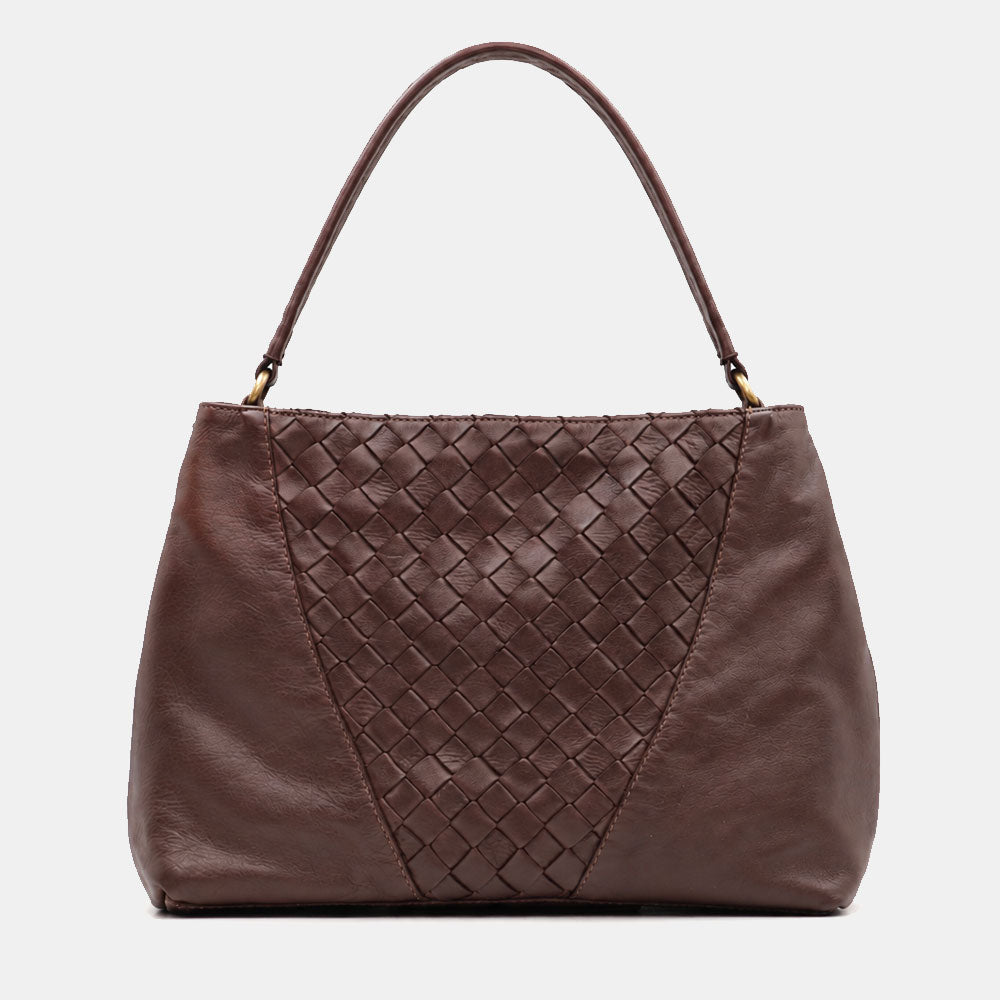 Borsa a Spalla VIAVERDI in Pelle Marrone Scuro con Intreccio Made in Italy linea Tuscany