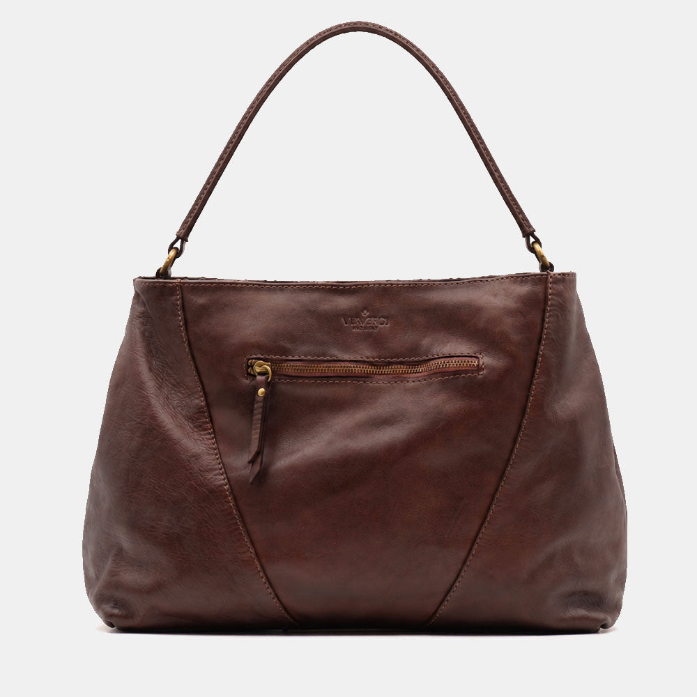Borsa a Spalla VIAVERDI in Pelle Marrone Scuro con Intreccio Made in Italy linea Tuscany
