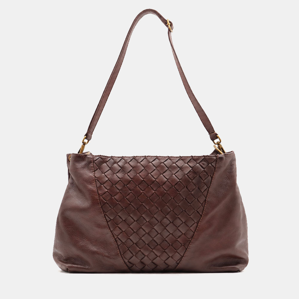 Borsa a Spalla VIAVERDI in Pelle Marrone Scuro con Intreccio Made in Italy linea Tuscany