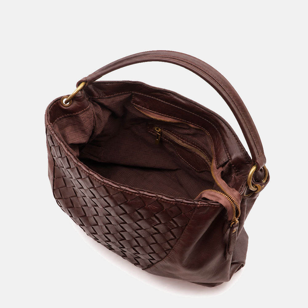 Borsa a Spalla VIAVERDI in Pelle Marrone Scuro con Intreccio Made in Italy linea Tuscany