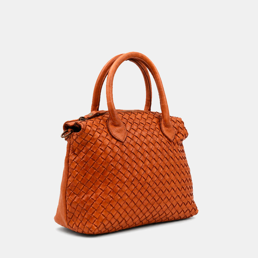 ViaVerdi Handbag with Woven Detail in Tan Leather, Made in Italy – Tuscany Line
